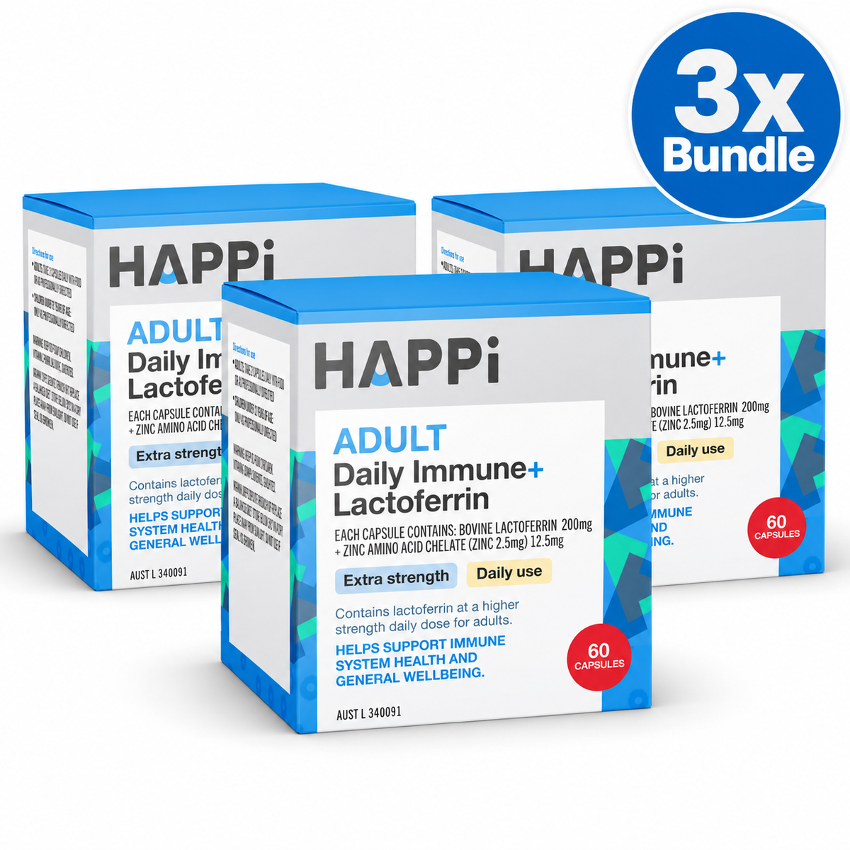 3 x  HAPPI Adult Daily Immune+ Lactoferrin
